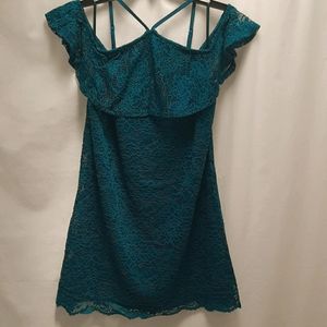 New Love, Fire teal lace cold shoulder dress